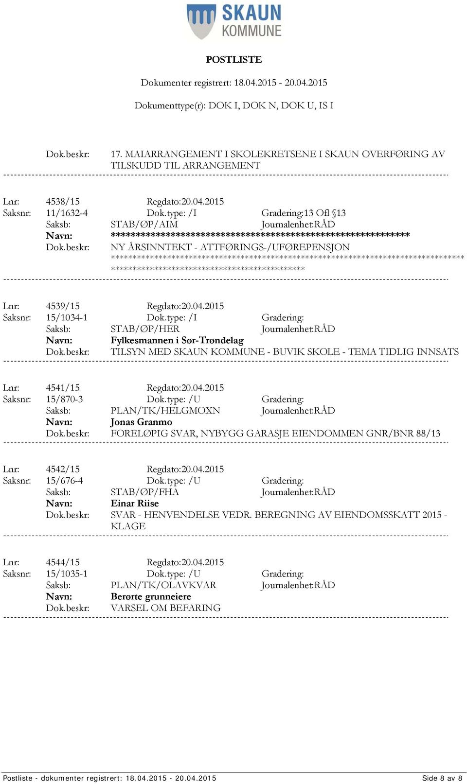 2015 Saksnr: 15/1034-1 Dok.type: /I Gradering: Fylkesmannen i Sør-Trøndelag TILSYN MED SKAUN KOMMUNE - BUVIK SKOLE - TEMA TIDLIG INNSATS Lnr: 4541/15 Regdato:20.04.2015 Saksnr: 15/870-3 Dok.