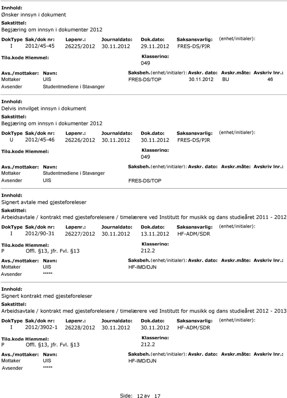 Mottaker Studentmediene i Stavanger S FRES-DS/TO Signert avtale med gjesteforeleser Arbeidsavtale / kontrakt med gjesteforelesere / timelærere ved nstitutt for musikk og dans