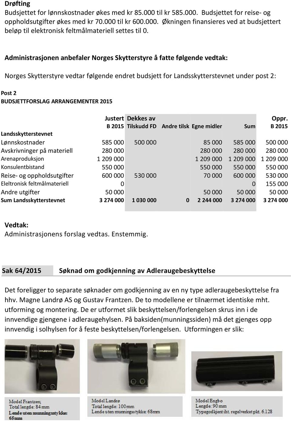 B 2015 Tilskudd FD Andre tilsk Egne midler Sum B 2015 Landsskytterstevnet Lønnskostnader 585 000 500 000 85 000 585 000 500 000 Avskrivninger på materiell 280 000 280 000 280 000 280 000