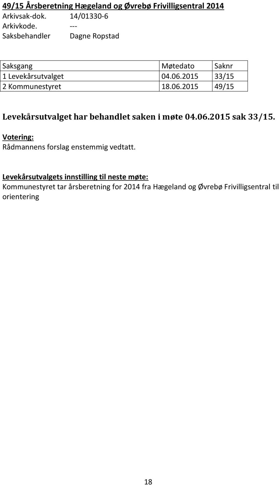 2015 33/15 2 Kommunestyret 18.06.2015 49/15 Levekårsutvalget har behandlet saken i møte 04.06.2015 sak 33/15.