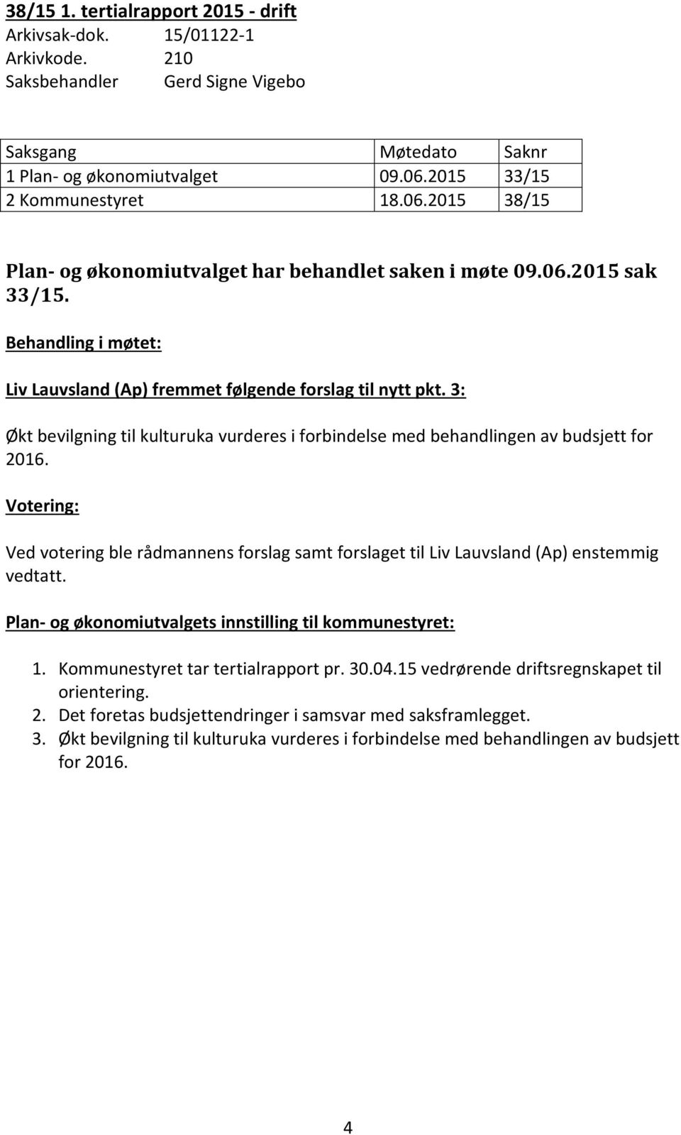 3: Økt bevilgning til kulturuka vurderes i forbindelse med behandlingen av budsjett for 2016. Ved votering ble rådmannens forslag samt forslaget til Liv Lauvsland (Ap) enstemmig vedtatt.