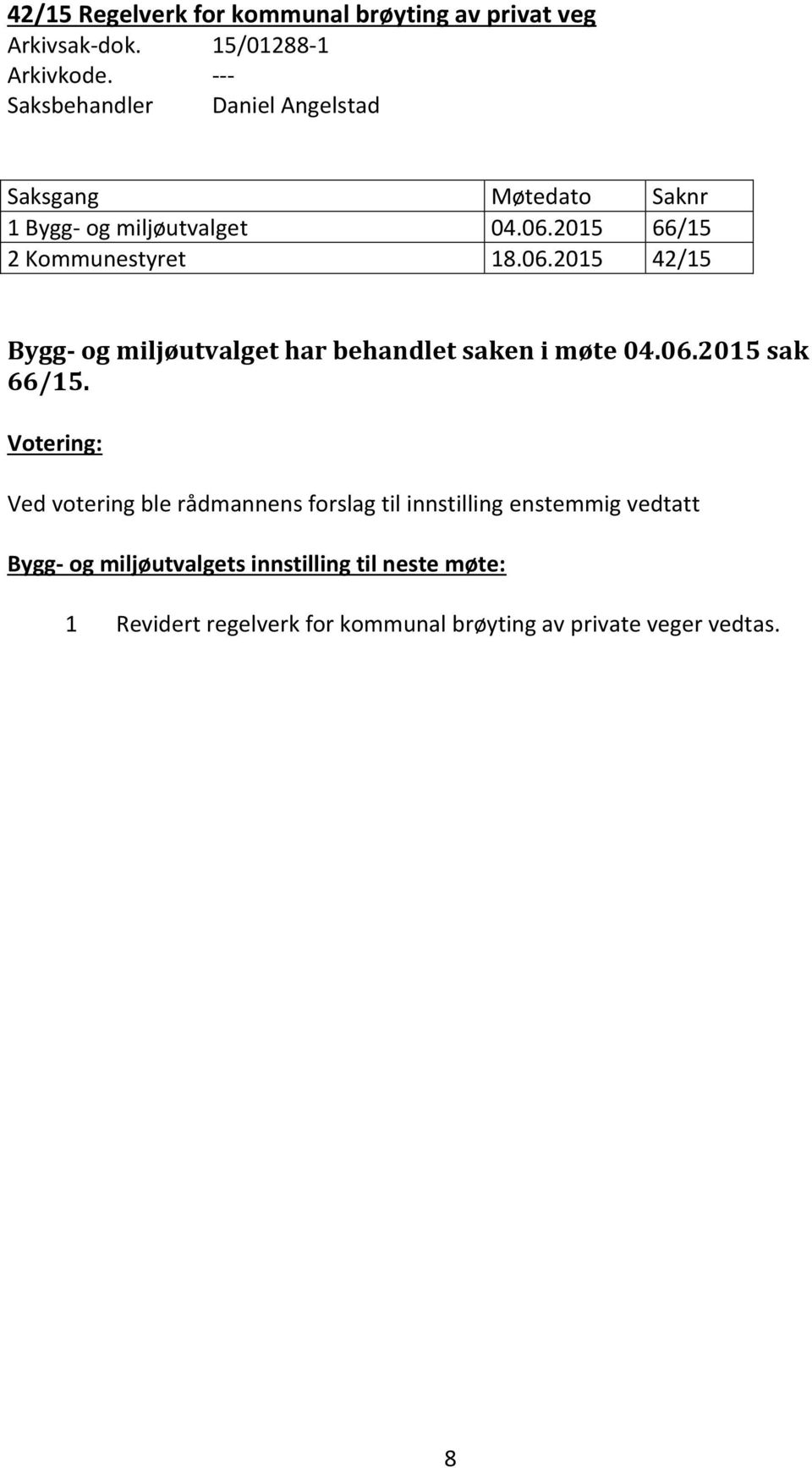 2015 66/15 2 Kommunestyret 18.06.2015 42/15 Bygg- og miljøutvalget har behandlet saken i møte 04.06.2015 sak 66/15.