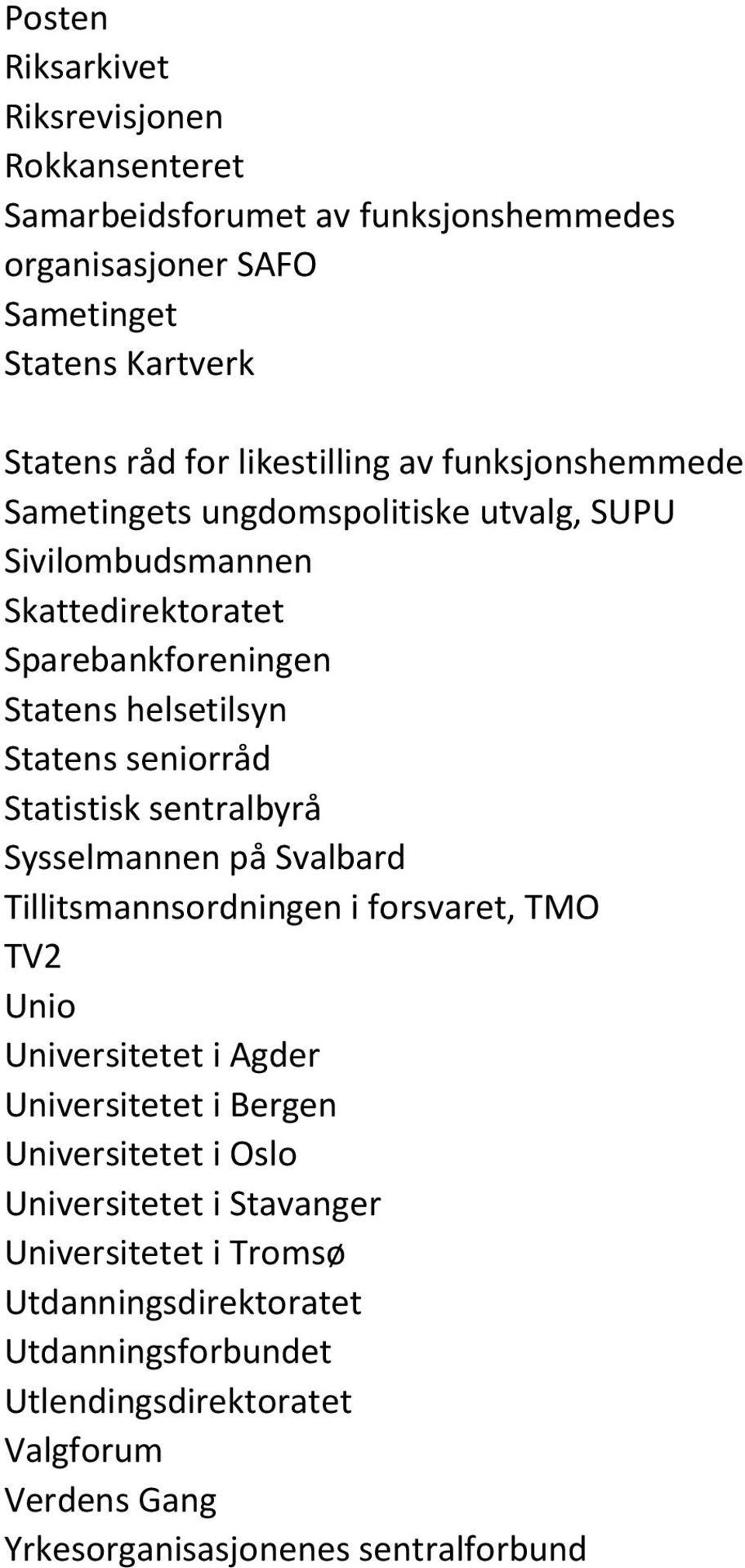 Statistisk sentralbyrå Sysselmannen på Svalbard Tillitsmannsordningen i forsvaret, TMO TV2 Unio Universitetet i Agder Universitetet i Bergen Universitetet i Oslo