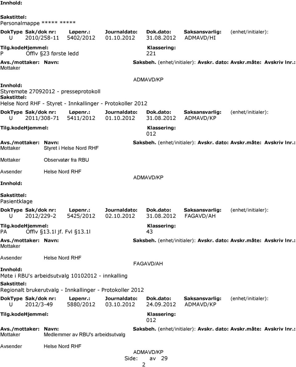 5411/2012 01.10.2012 31.08.2012 ADMAVD/KP Styret i 012 Observatør fra RBU ADMAVD/KP Pasientklage U 2012/229-2 5425/2012 02.10.2012 31.08.2012 FAGAVD/AH PA Offlv 13.
