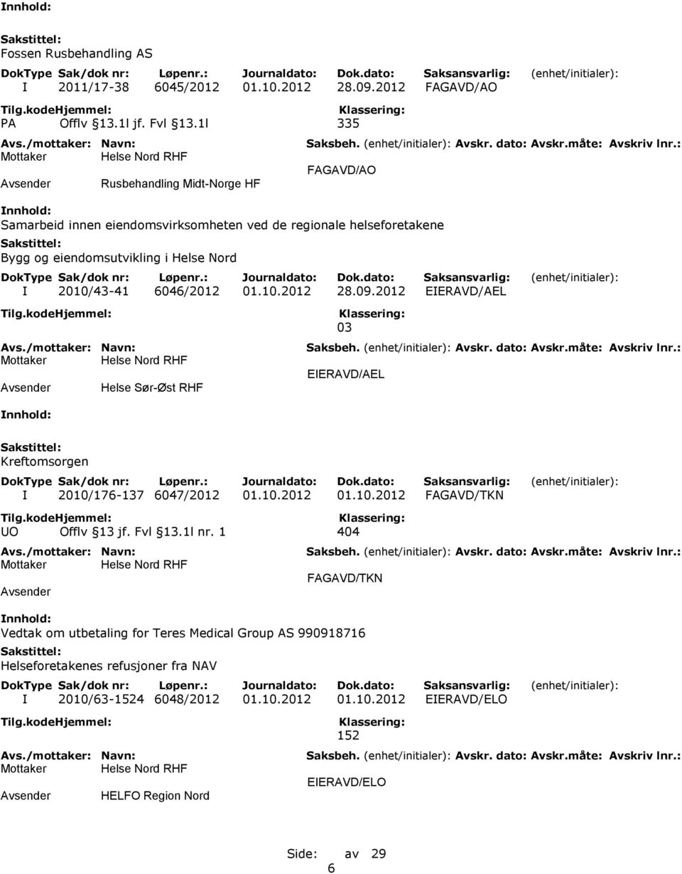 2010/43-41 6046/2012 01.10.2012 28.09.2012 EIERAVD/AEL Helse Sør-Øst RHF 03 EIERAVD/AEL Kreftomsorgen I 2010/176-137 6047/2012 01.10.2012 01.10.2012 FAGAVD/TKN UO Offlv 13 jf.