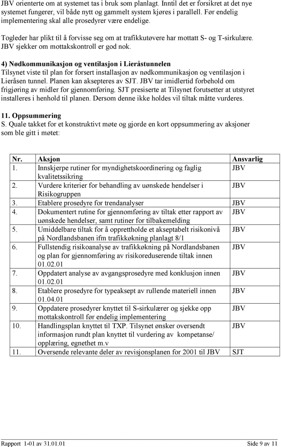 4) Nødkommunikasjon og ventilasjon i Lieråstunnelen Tilsynet viste til plan for forsert installasjon av nødkommunikasjon og ventilasjon i Lieråsen tunnel. Planen kan aksepteres av SJT.