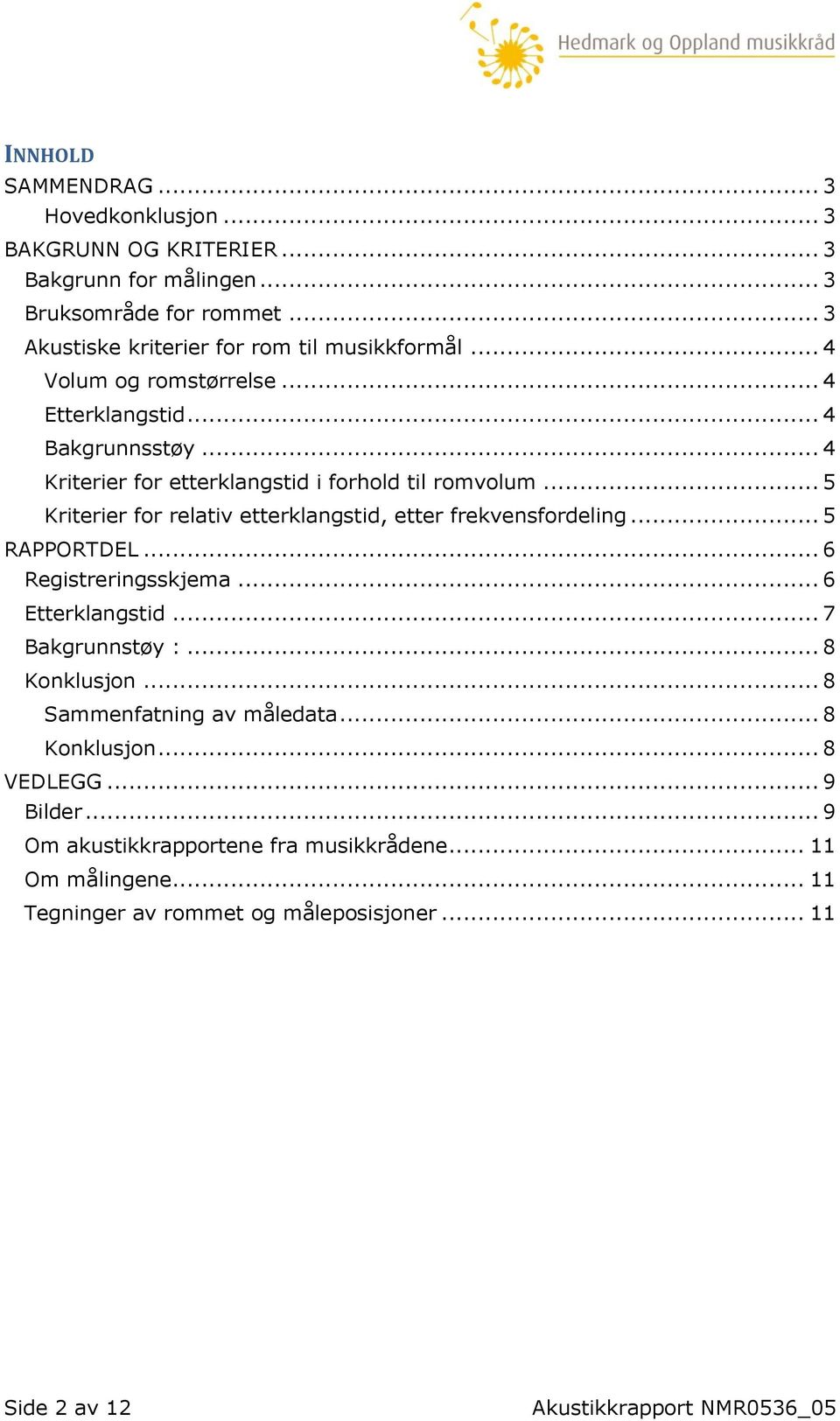 .. 5 Kriterier for relativ etterklangstid, etter frekvensfordeling... 5 RAPPORTDEL... 6 Registreringsskjema... 6 Etterklangstid... 7 Bakgrunnstøy :... 8 Konklusjon.