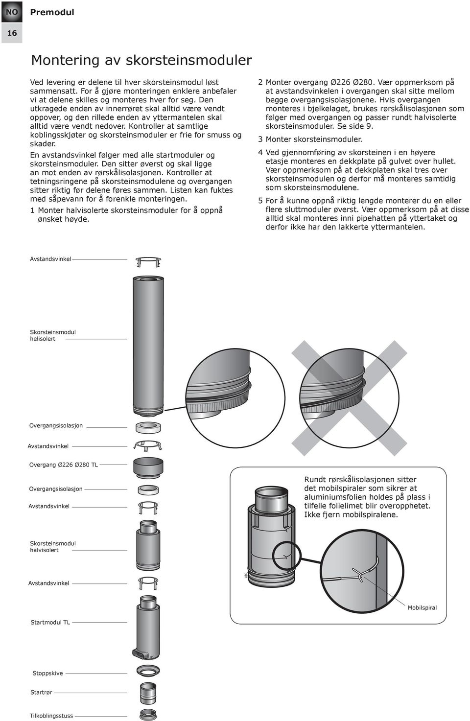 Kontroller at samtlige koblingsskjøter og skorsteinsmoduler er frie for smuss og skader. En avstandsvinkel følger med alle startmoduler og skorsteinsmoduler.