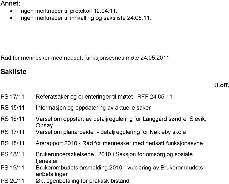 11 RS 15/11 RS 16/11 RS 17/11 RS 18/11 PS 18/11 PS 19/11 PS 20/11 Informasjon og oppdatering av aktuelle saker Varsel om oppstart av detaljregulering for Langgård søndre, Slevik,