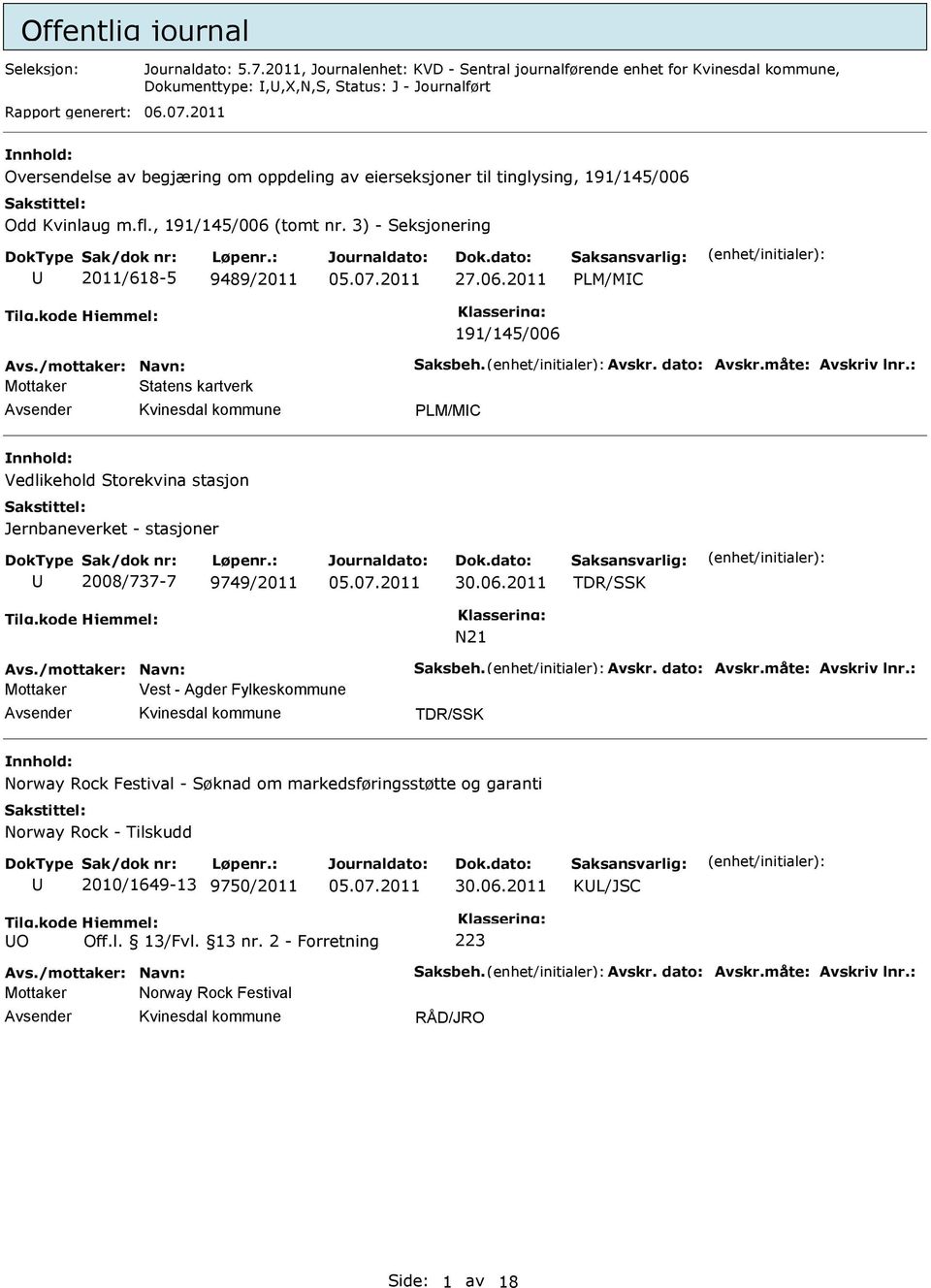 /mottaker: Navn: Saksbeh. Avskr. dato: Avskr.måte: Avskriv lnr.: Statens kartverk PLM/MC Vedlikehold Storekvina stasjon Jernbaneverket - stasjoner 2008/737-7 9749/2011 TDR/SSK N21 Avs.