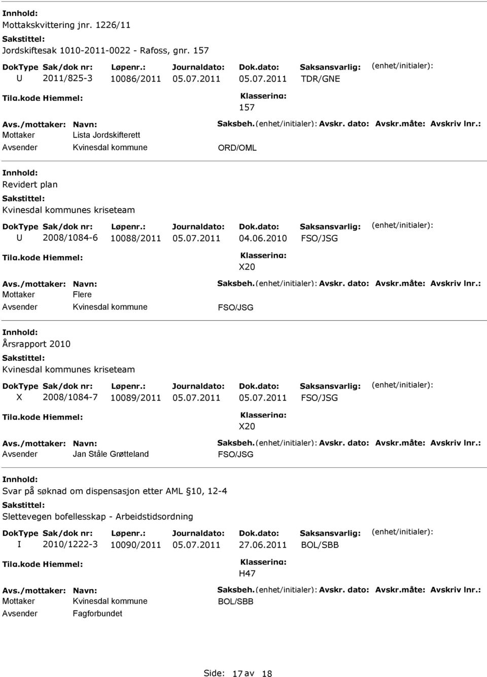 : Flere FSO/JSG Årsrapport 2010 s kriseteam X 2008/1084-7 10089/2011 FSO/JSG X20 Avs./mottaker: Navn: Saksbeh. Avskr. dato: Avskr.måte: Avskriv lnr.