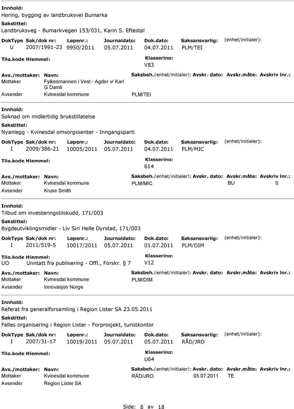 2011 PLM/MC 614 Avs./mottaker: Navn: Saksbeh. Avskr. dato: Avskr.måte: Avskriv lnr.