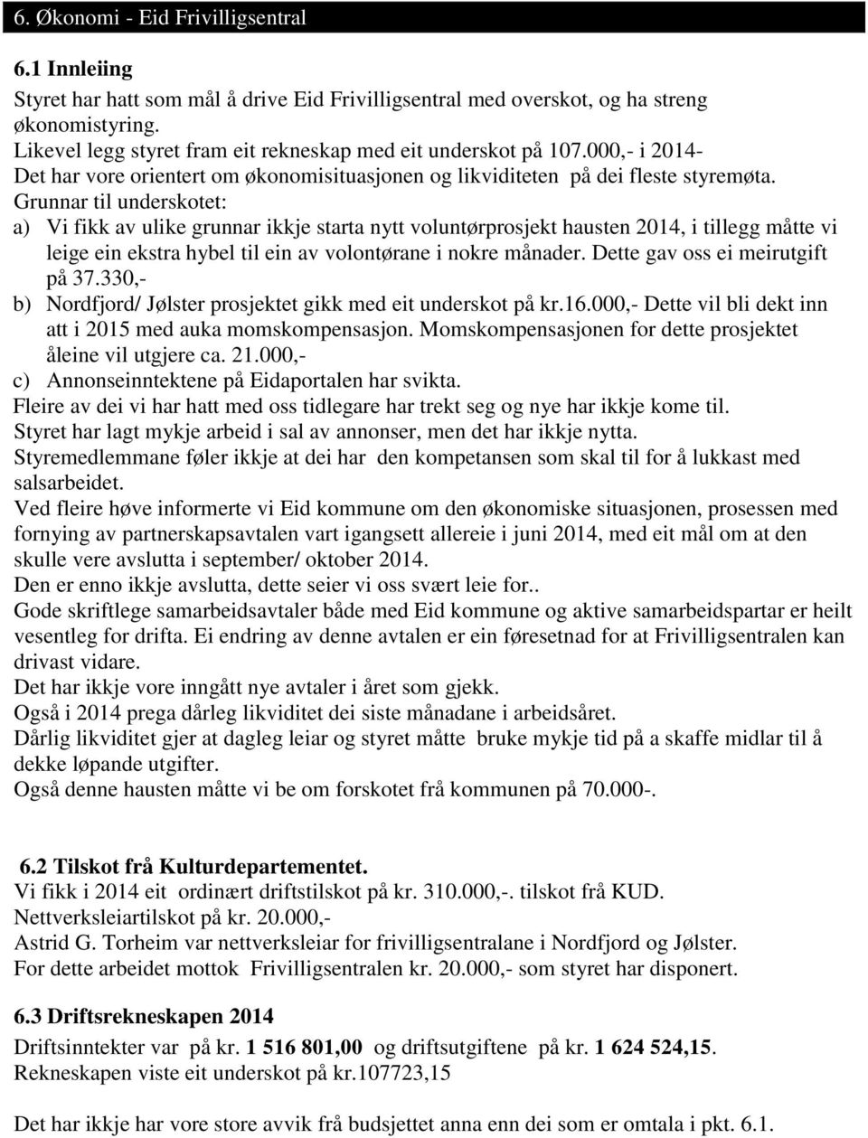 Grunnar til underskotet: a) Vi fikk av ulike grunnar ikkje starta nytt voluntørprosjekt hausten 2014, i tillegg måtte vi leige ein ekstra hybel til ein av volontørane i nokre månader.