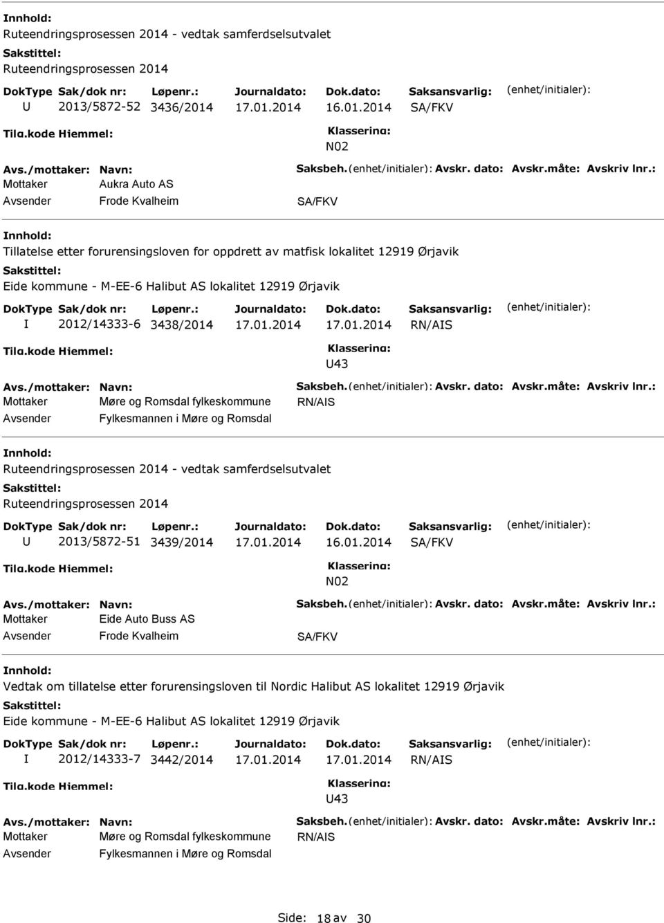 3438/2014 RN/AS 43 Avs./mottaker: Navn: Saksbeh. Avskr. dato: Avskr.måte: Avskriv lnr.