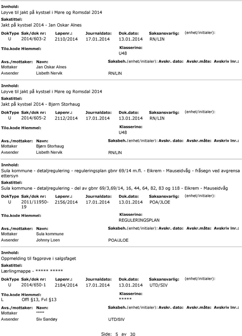 Avskr. dato: Avskr.måte: Avskriv lnr.: Mottaker Bjørn Storhaug Lisbeth Nervik RN/LN Sula kommune - detaljregulering - reguleringsplan gbnr 69/14 m.fl.