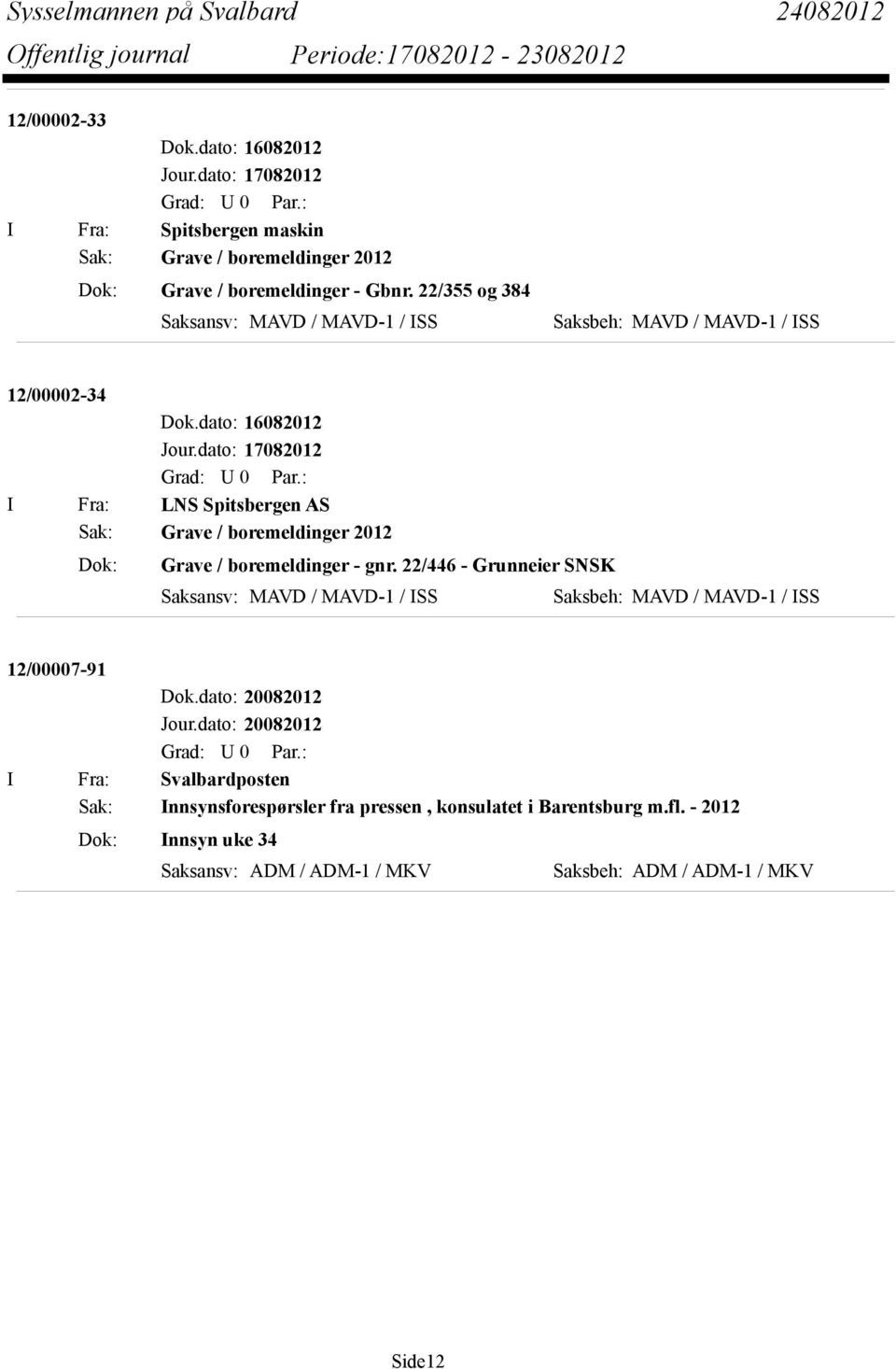 dato: 17082012 I Fra: LNS Spitsbergen AS Sak: Grave / boremeldinger 2012 Dok: Grave / boremeldinger - gnr.