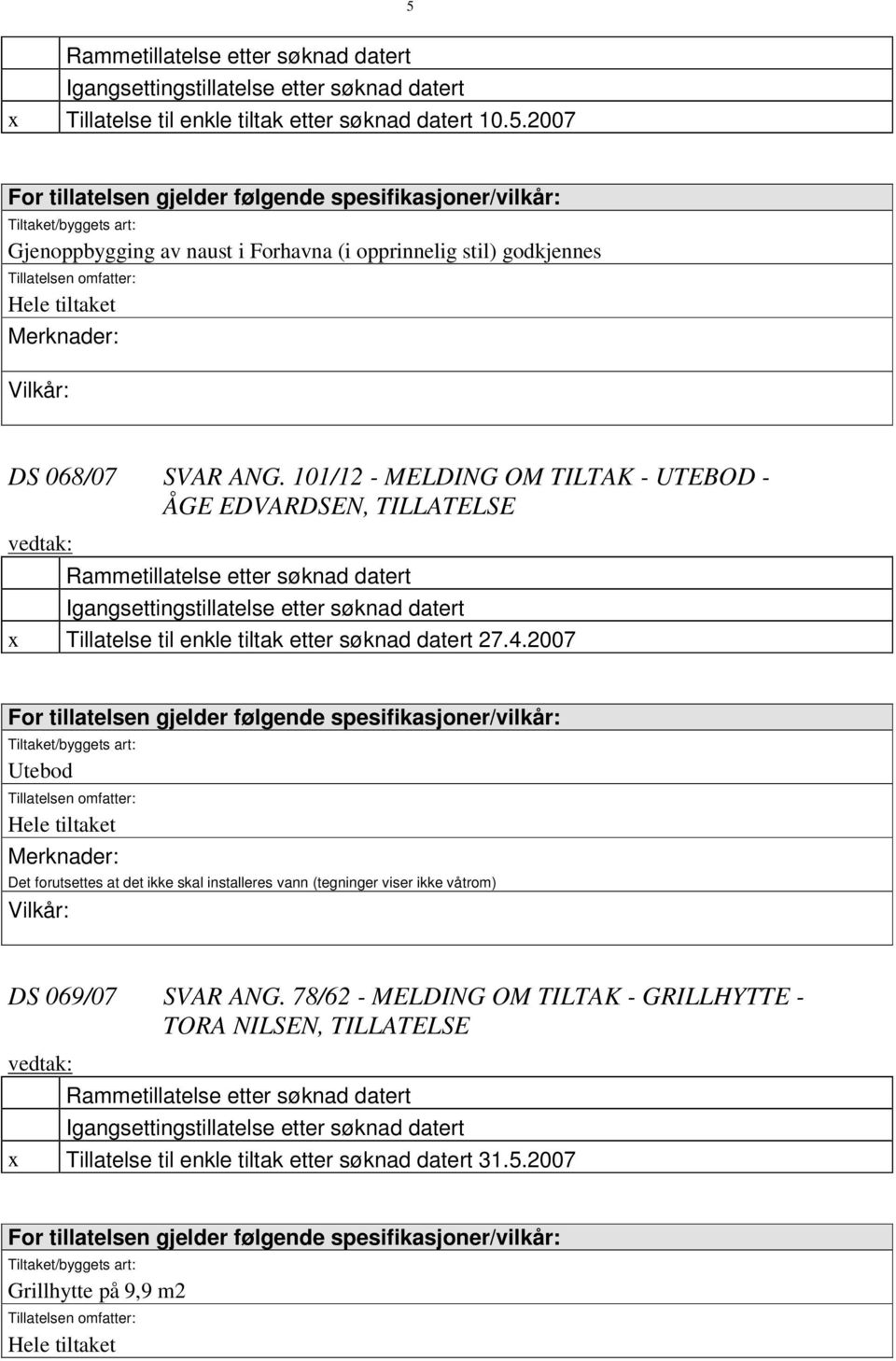 101/12 - MELDING OM TILTAK - UTEBOD - ÅGE EDVARDSEN, TILLATELSE Rammetillatelse etter søknad datert Igangsettingstillatelse etter søknad datert x Tillatelse til enkle tiltak etter søknad datert 27.4.