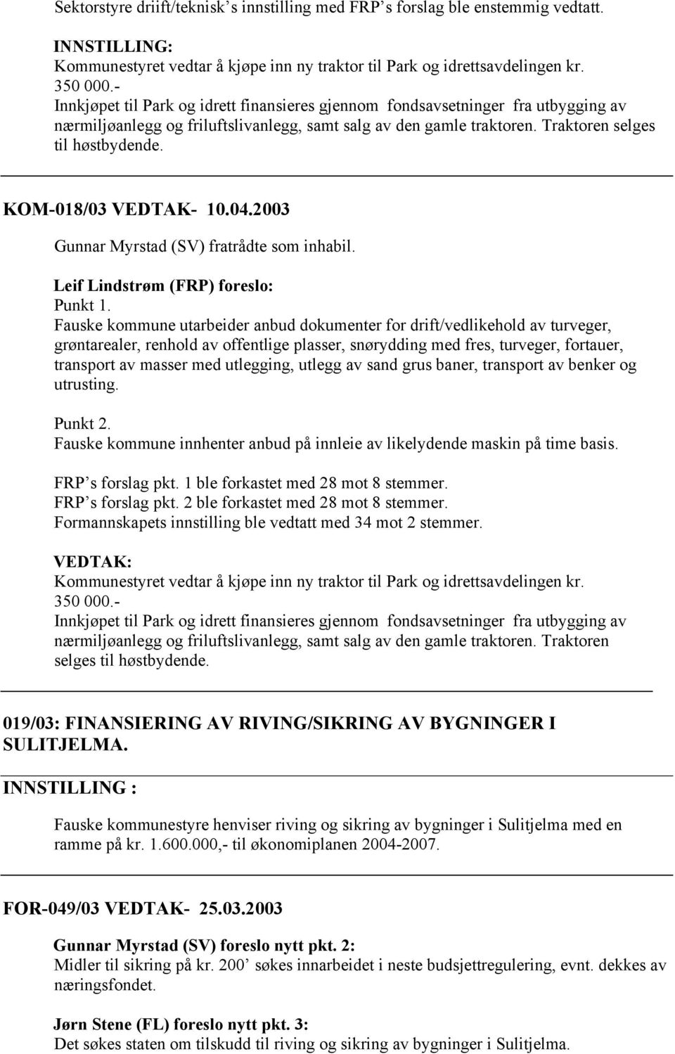 KOM-018/03 VEDTAK- 10.04.2003 Gunnar Myrstad (SV) fratrådte som inhabil. Leif Lindstrøm (FRP) foreslo: Punkt 1.