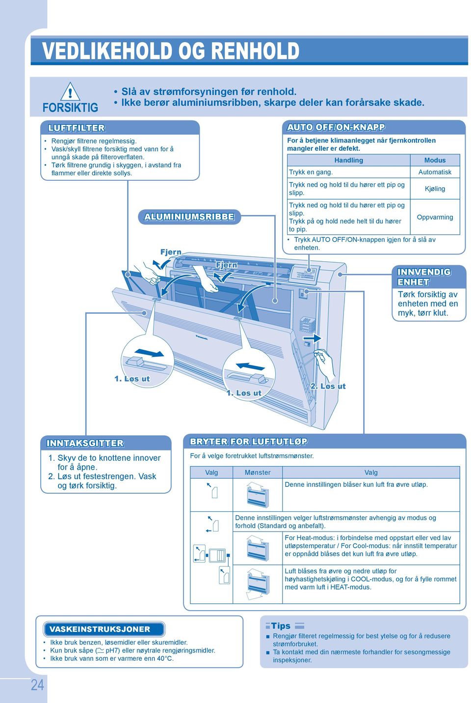 ALUMINIUMSRIBBE Fjern Fjern AUTO /-KNAPP For å betjene klimaanlegget når fjernkontrollen mangler eller er defekt. Handling Modus Trykk en gang.