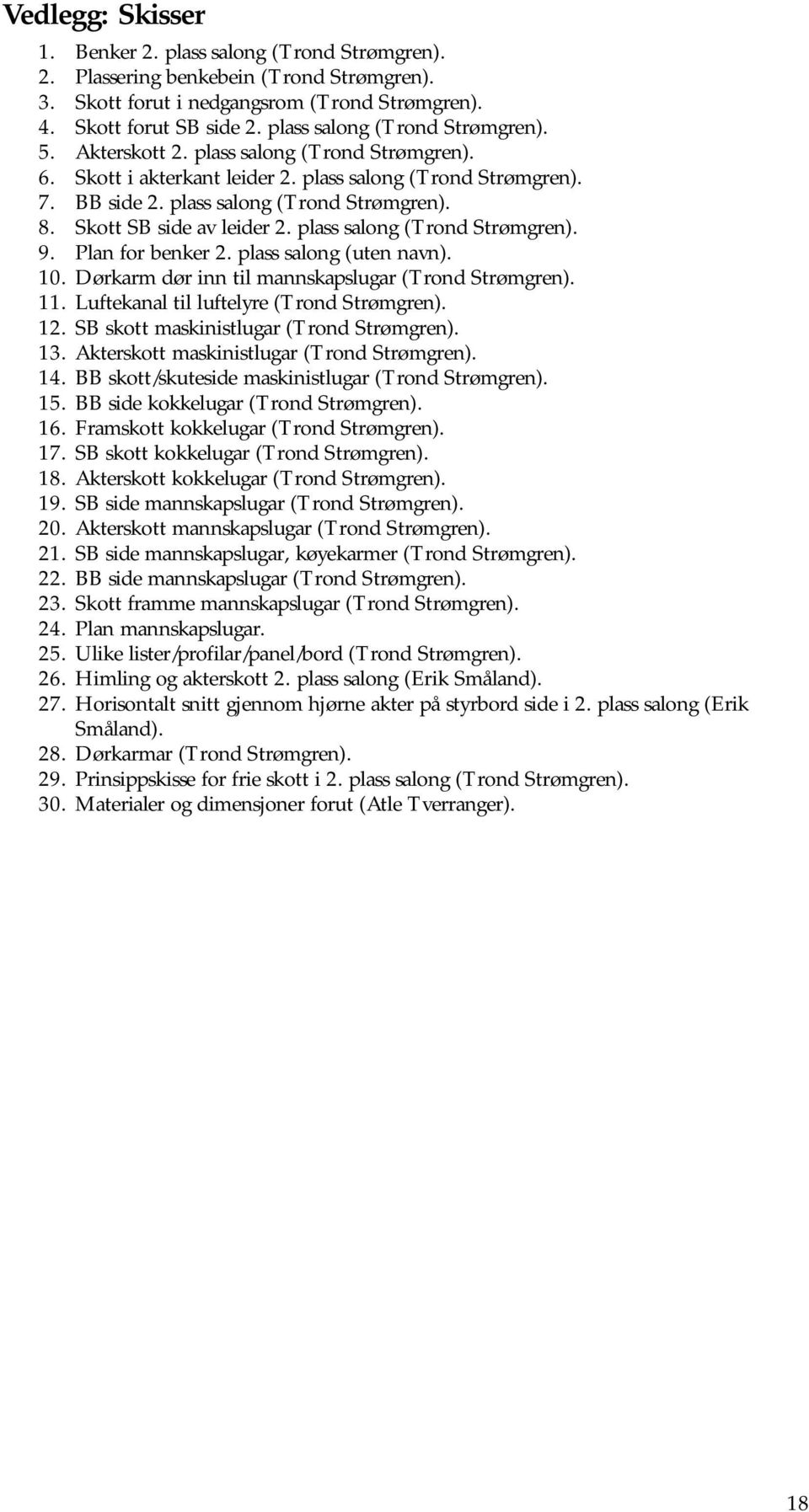 Skott SB side av leider 2. plass salong (Trond Strømgren). 9. Plan for benker 2. plass salong (uten navn). 10. Dørkarm dør inn til mannskapslugar (Trond Strømgren). 11.