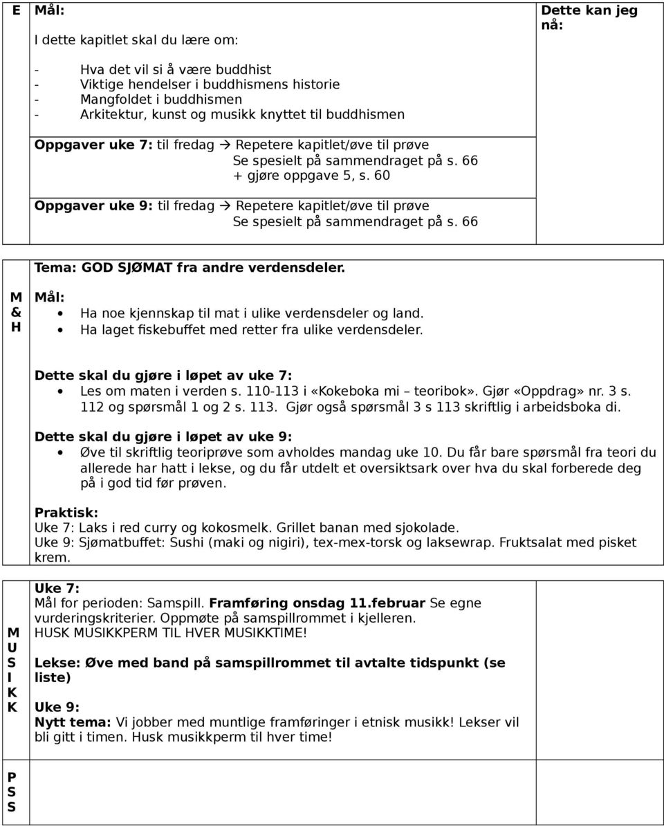 66 ema: OD JØ fra andre verdensdeler. & H Ha noe kjennskap til mat i ulike verdensdeler og land. Ha laget fiskebuffet med retter fra ulike verdensdeler.