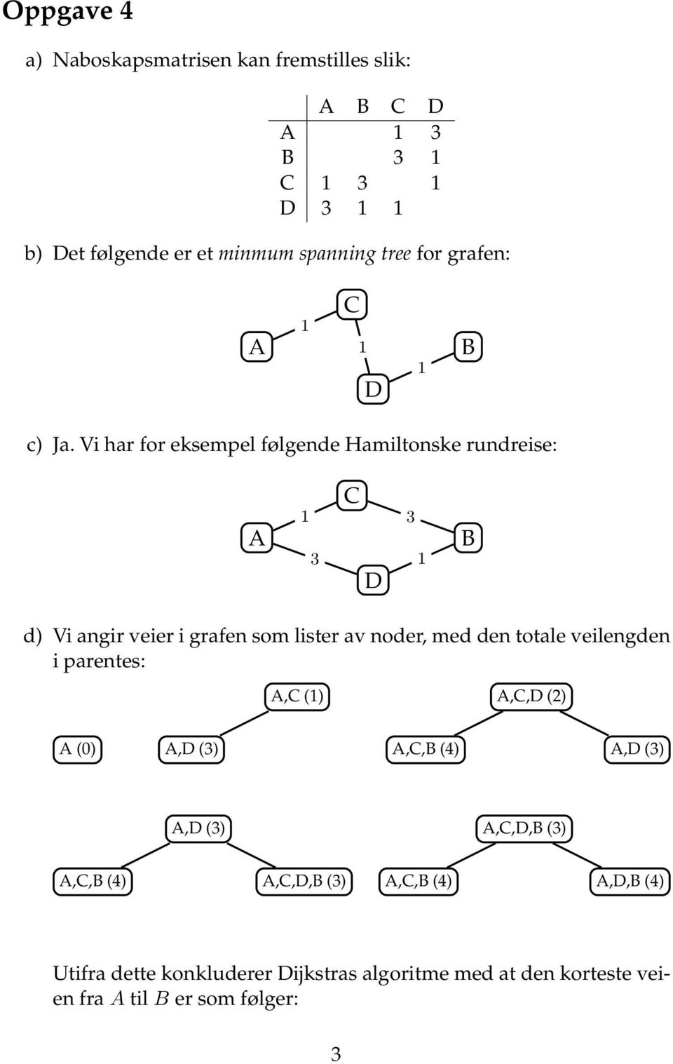 Vi har for eksempel følgende Hamiltonske rundreise: A d) Vi angir veier i grafen som lister av noder, med den