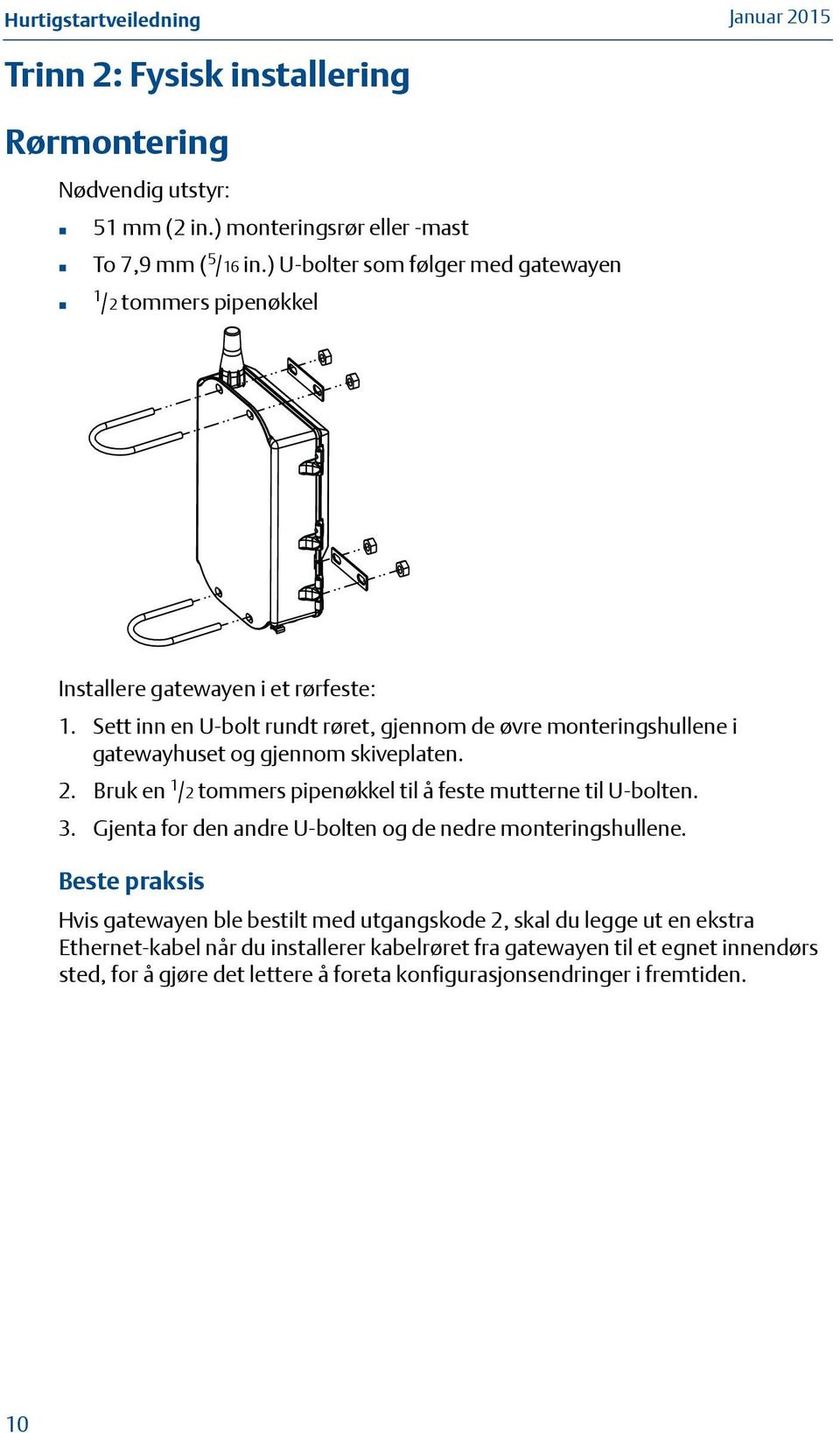 Sett inn en U-bolt rundt røret, gjennom de øvre monteringshullene i gatewayhuset og gjennom skiveplaten. 2. Bruk en 1 /2 tommers pipenøkkel til å feste mutterne til U-bolten. 3.