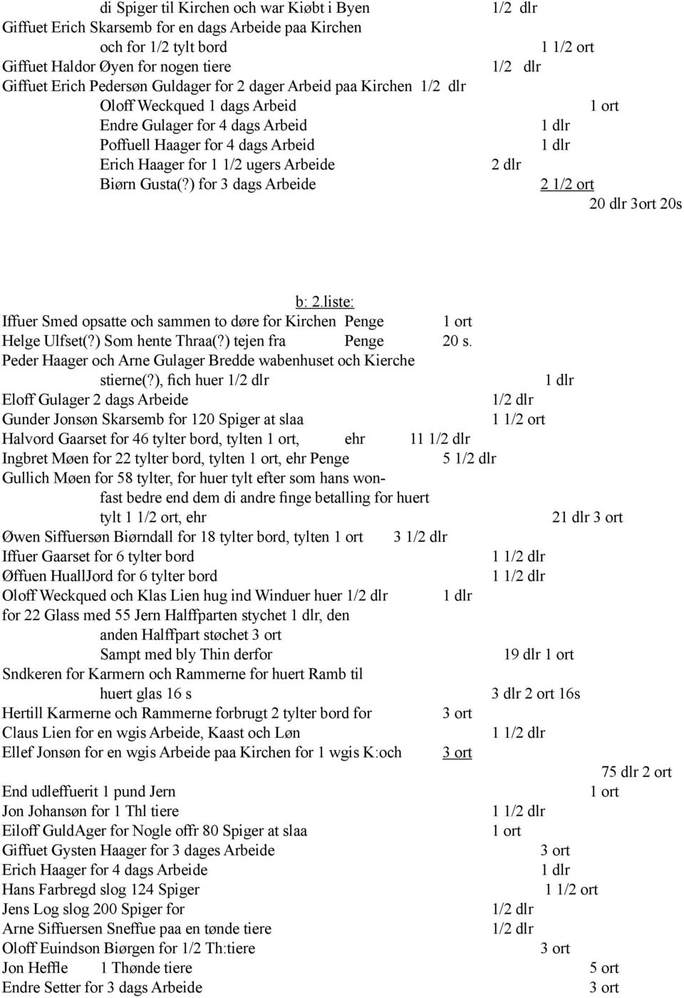) for 3 dags Arbeide 2 1/2 ort 20 dlr 3ort 20s b: 2.liste: Iffuer Smed opsatte och sammen to døre for Kirchen Penge Helge Ulfset(?) Som hente Thraa(?) tejen fra Penge 20 s.