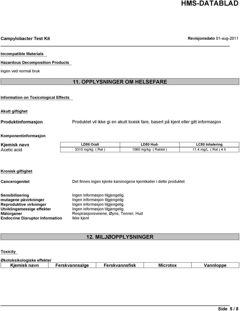 Komponentinformasjon Kjemisk navn LD50 Oralt LD50 Hud- LC50 Inhalering Acetic acid 3310 mg/kg ( Rat ) 1060 mg/kg ( Rabbit ) 11.