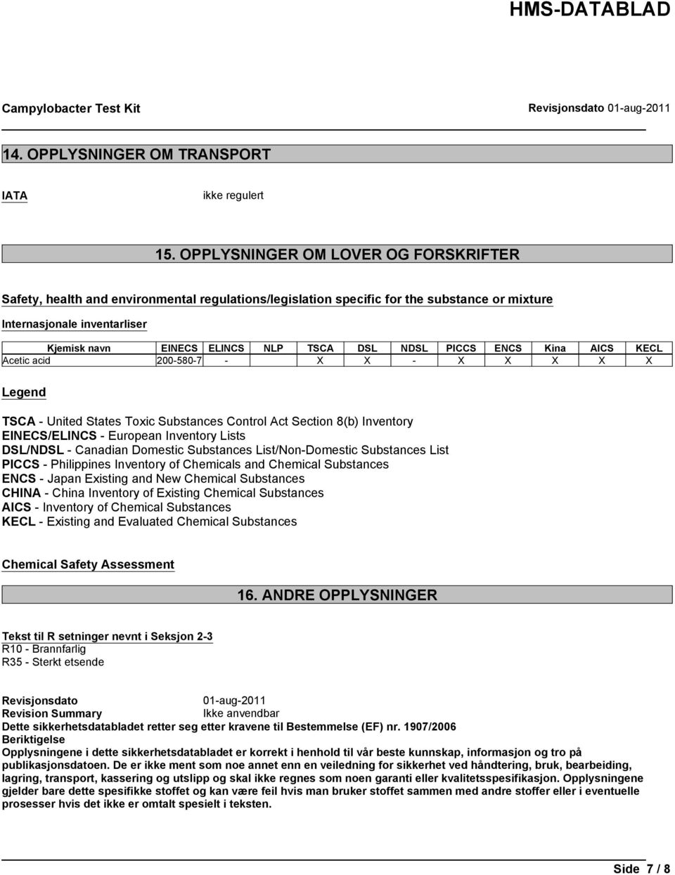 DSL NDSL PICCS ENCS Kina AICS KECL Acetic acid 200-580-7 - X X - X X X X X Legend TSCA - United States Toxic Substances Control Act Section 8(b) Inventory EINECS/ELINCS - European Inventory Lists