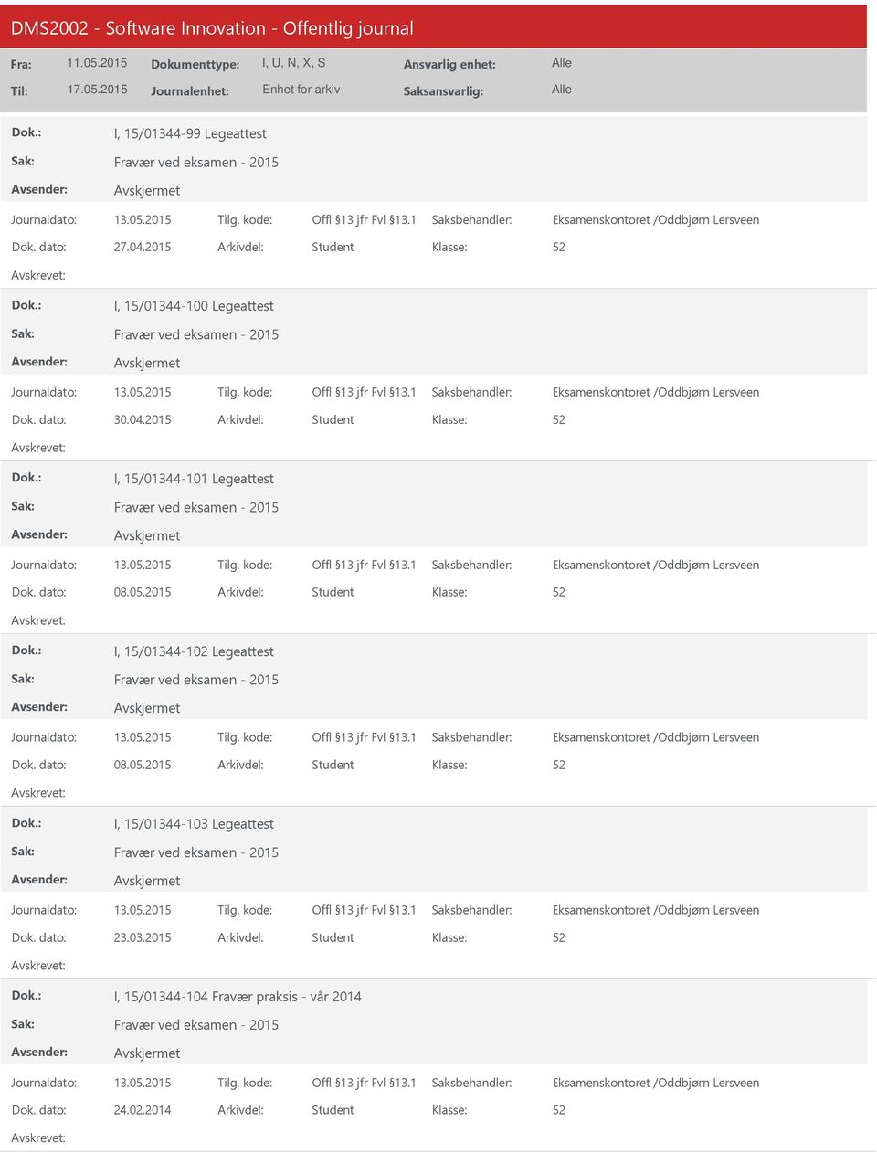 2015 Student I, 15/01344-101 Legeattest 08.05.