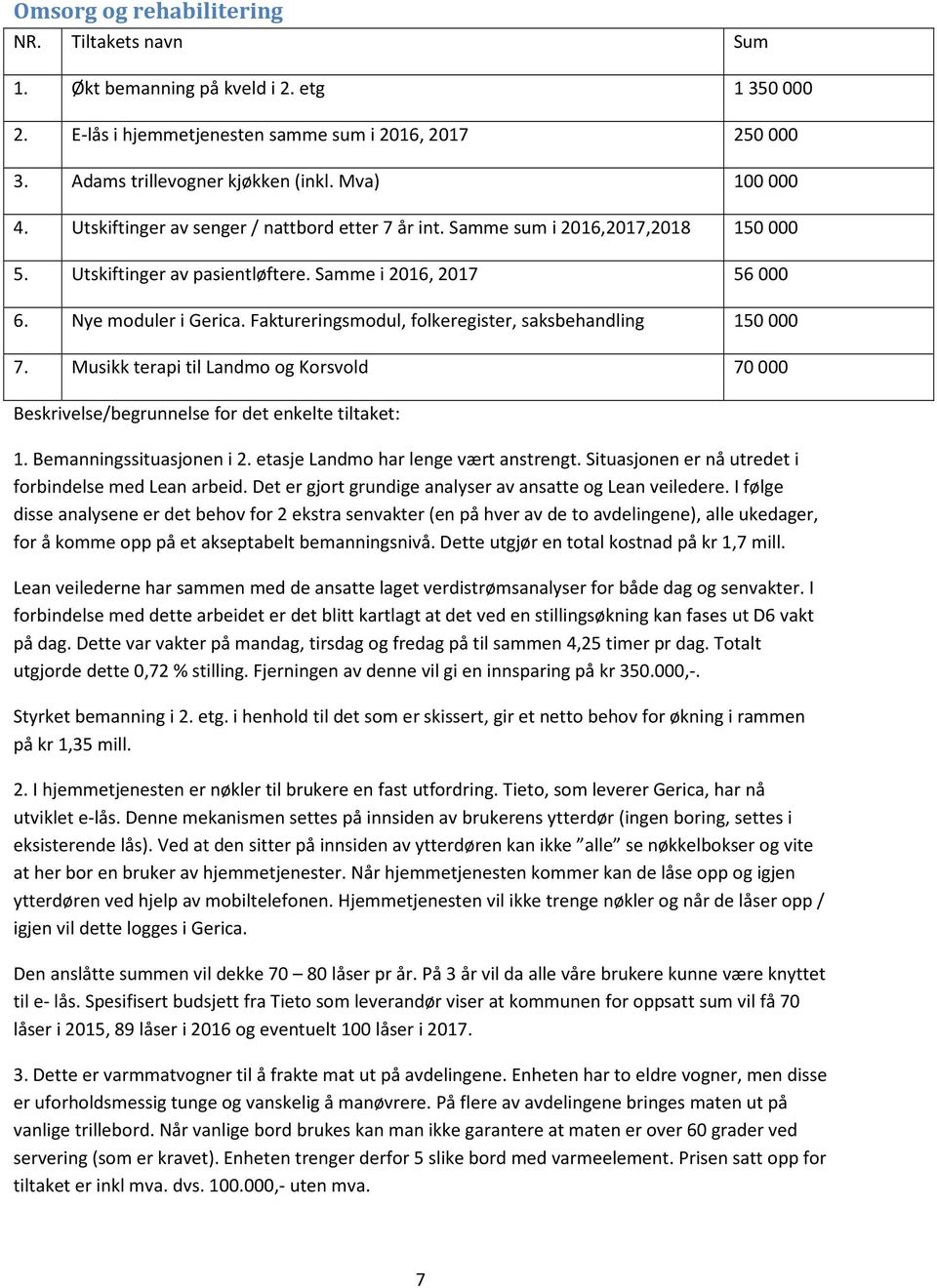 Faktureringsmodul, folkeregister, saksbehandling 150 000 7. Musikk terapi til Landmo og Korsvold 70 000 Beskrivelse/begrunnelse for det enkelte tiltaket: 1. Bemanningssituasjonen i 2.