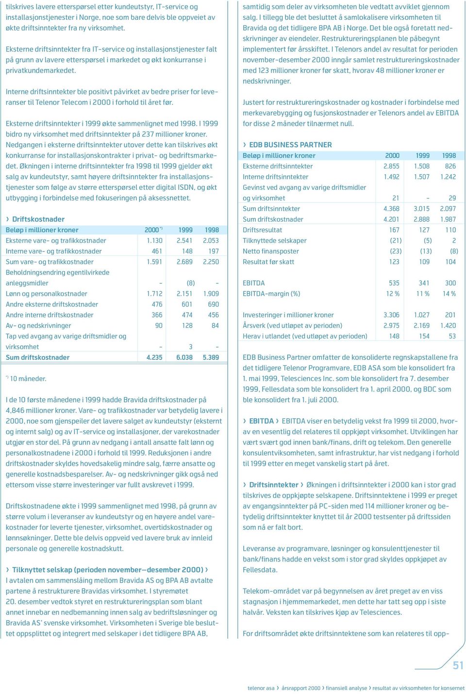 Interne driftsinntekter ble positivt påvirket av bedre priser for leveranser til Telenor Telecom i 2000 i forhold til året før. Eksterne driftsinntekter i 1999 økte sammenlignet med 1998.