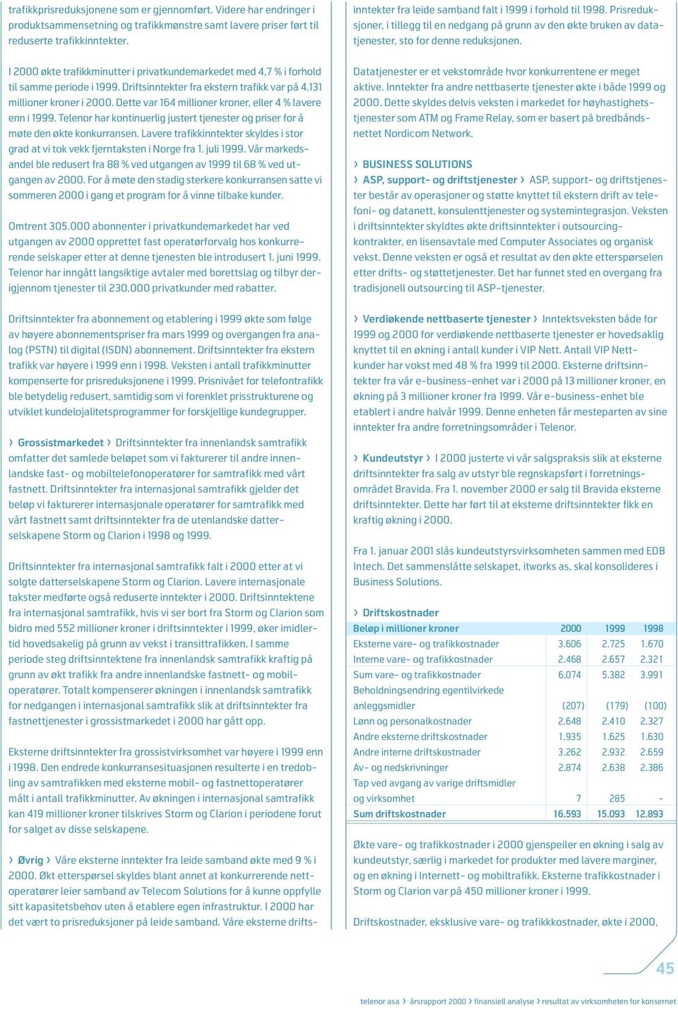 Driftsinntekter fra ekstern trafikk var høyere i 1999 enn i 1998. Veksten i antall trafikkminutter kompenserte for prisreduksjonene i 1999.