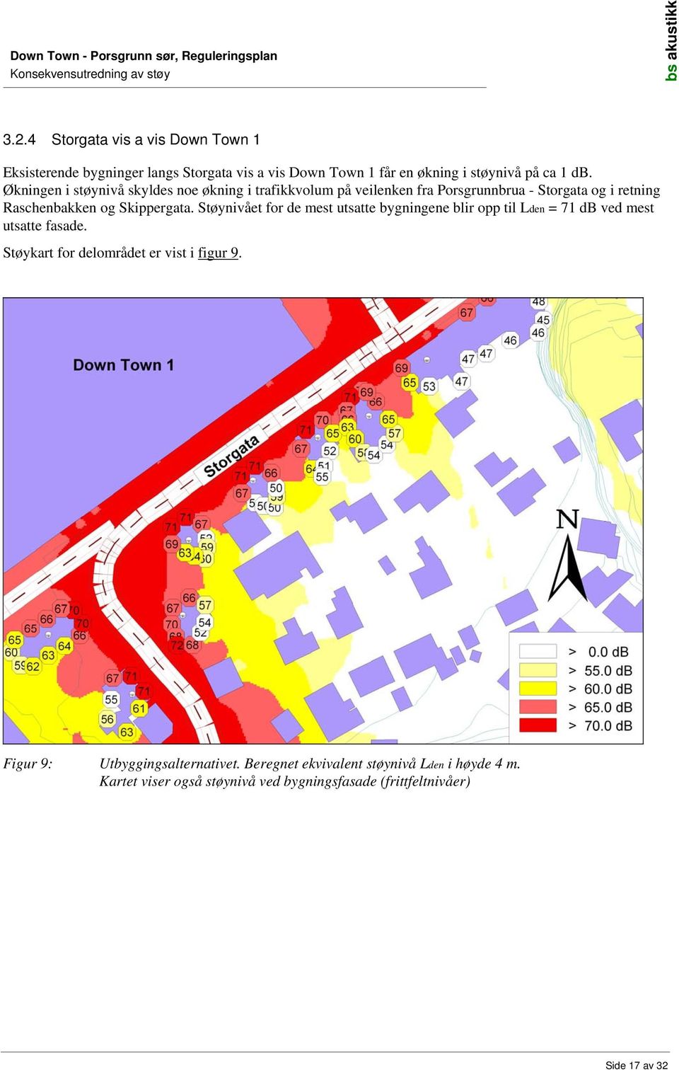 Støynivået for de mest utsatte bygningene blir opp til Lden = 71 db ved mest utsatte fasade. Støykart for delområdet er vist i figur 9.