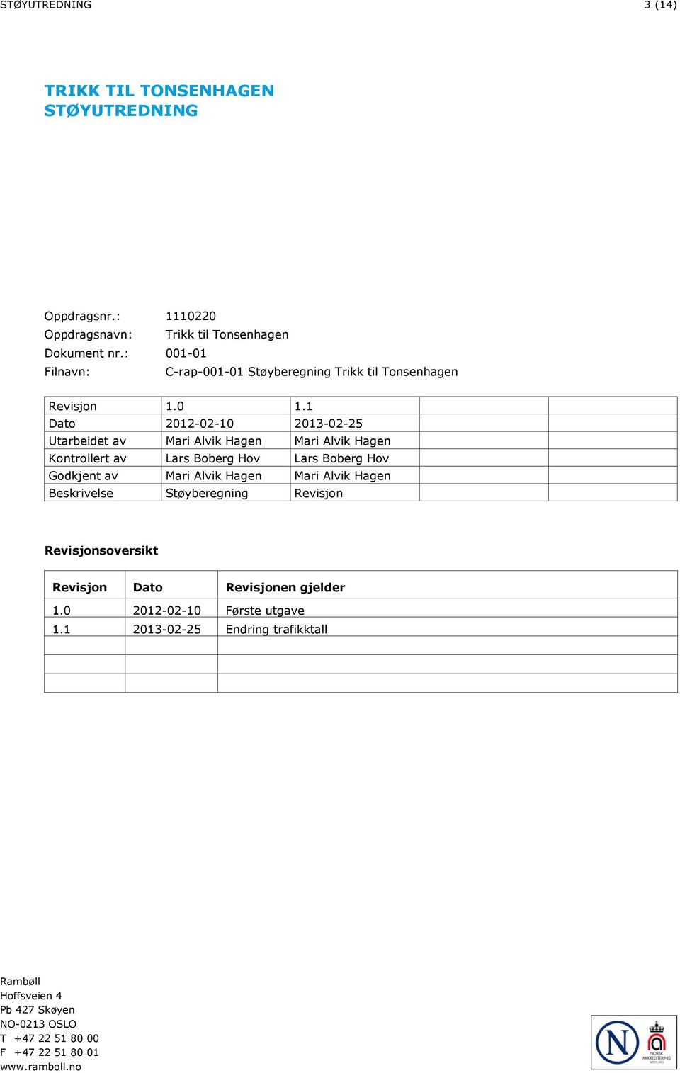 1 Dato 2012-02-10 2013-02-25 Utarbeidet av Mari Alvik Hagen Mari Alvik Hagen Kontrollert av Lars Boberg Hov Lars Boberg Hov Godkjent av Mari Alvik Hagen