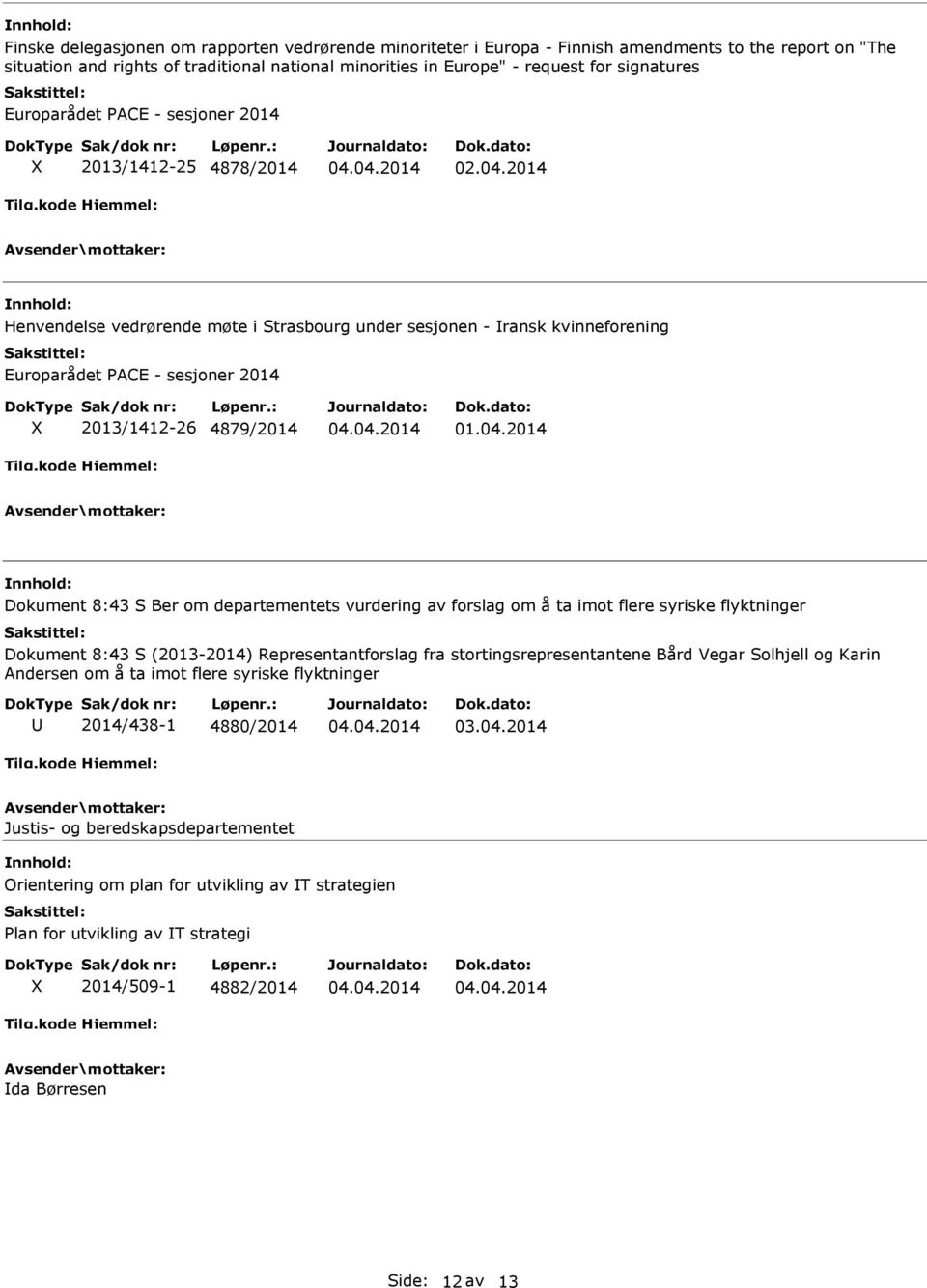 2014 Henvendelse vedrørende møte i Strasbourg under sesjonen - ransk kvinneforening Europarådet PACE - sesjoner 2014 2013/1412-26 4879/2014 01.04.