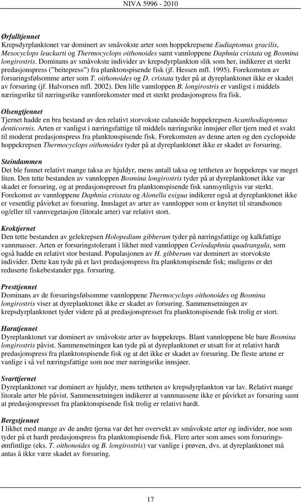 Forekomsten av forsuringsfølsomme arter som T. oithonoides og D. cristata tyder på at dyreplanktonet ikke er skadet av forsuring (jf. Halvorsen mfl. 2002). Den lille vannloppen B.