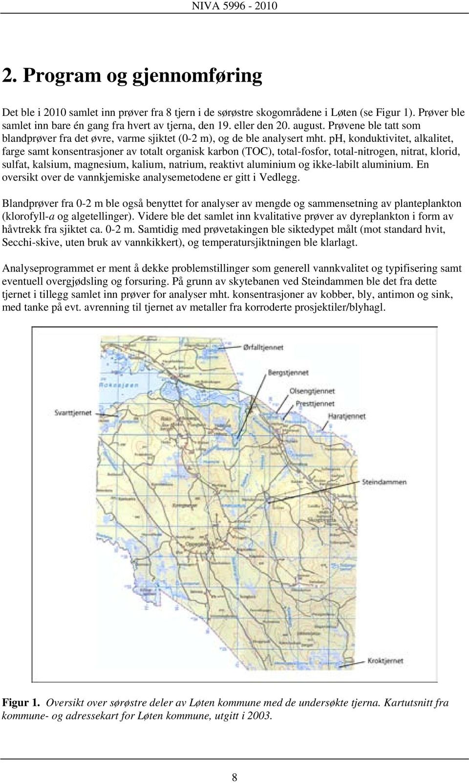 ph, konduktivitet, alkalitet, farge samt konsentrasjoner av totalt organisk karbon (TOC), total-fosfor, total-nitrogen, nitrat, klorid, sulfat, kalsium, magnesium, kalium, natrium, reaktivt aluminium