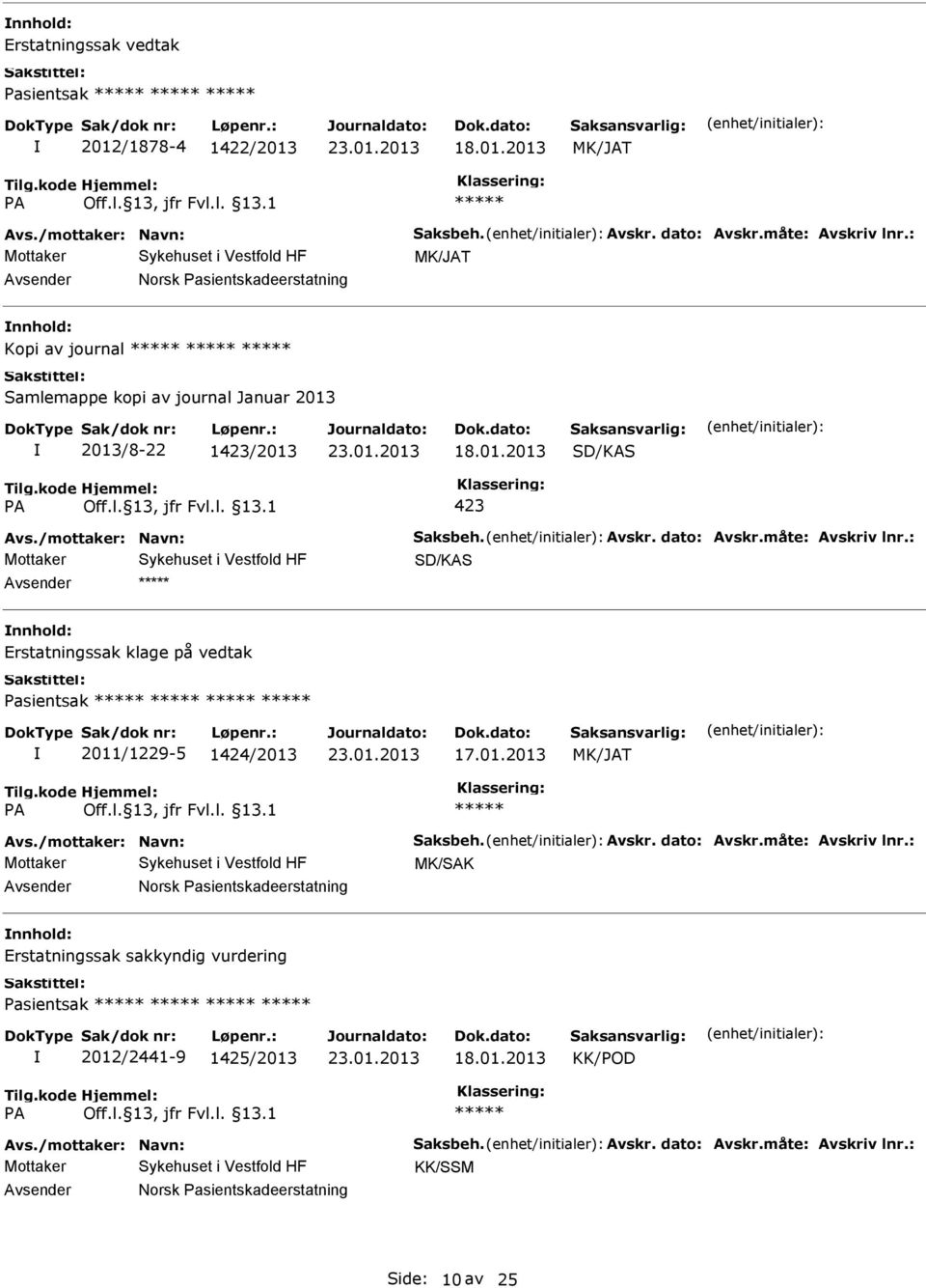 måte: Avskriv lnr.: SD/KAS nnhold: Erstatningssak klage på vedtak Pasientsak 2011/1229-5 1424/2013 MK/JAT Avs./mottaker: Navn: Saksbeh. Avskr. dato: Avskr.måte: Avskriv lnr.: MK/SAK Norsk Pasientskadeerstatning nnhold: Erstatningssak sakkyndig vurdering Pasientsak 2012/2441-9 1425/2013 KK/POD Avs.