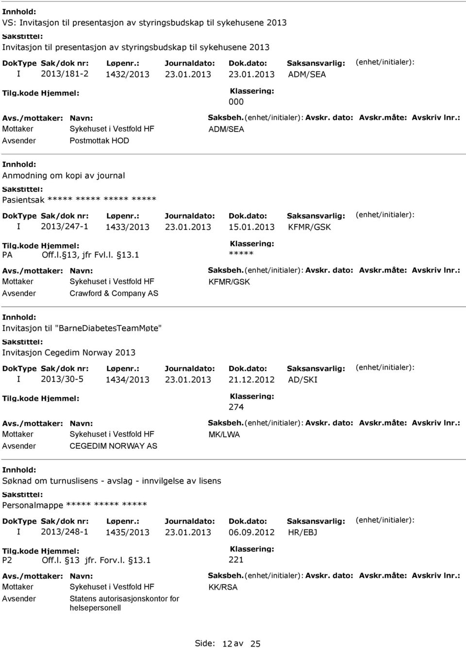 /mottaker: Navn: Saksbeh. Avskr. dato: Avskr.måte: Avskriv lnr.: KFMR/GSK Crawford & Company AS nnhold: nvitasjon til "BarneDiabetesTeamMøte" nvitasjon Cegedim Norway 2013 2013/30-5 1434/2013 21.12.