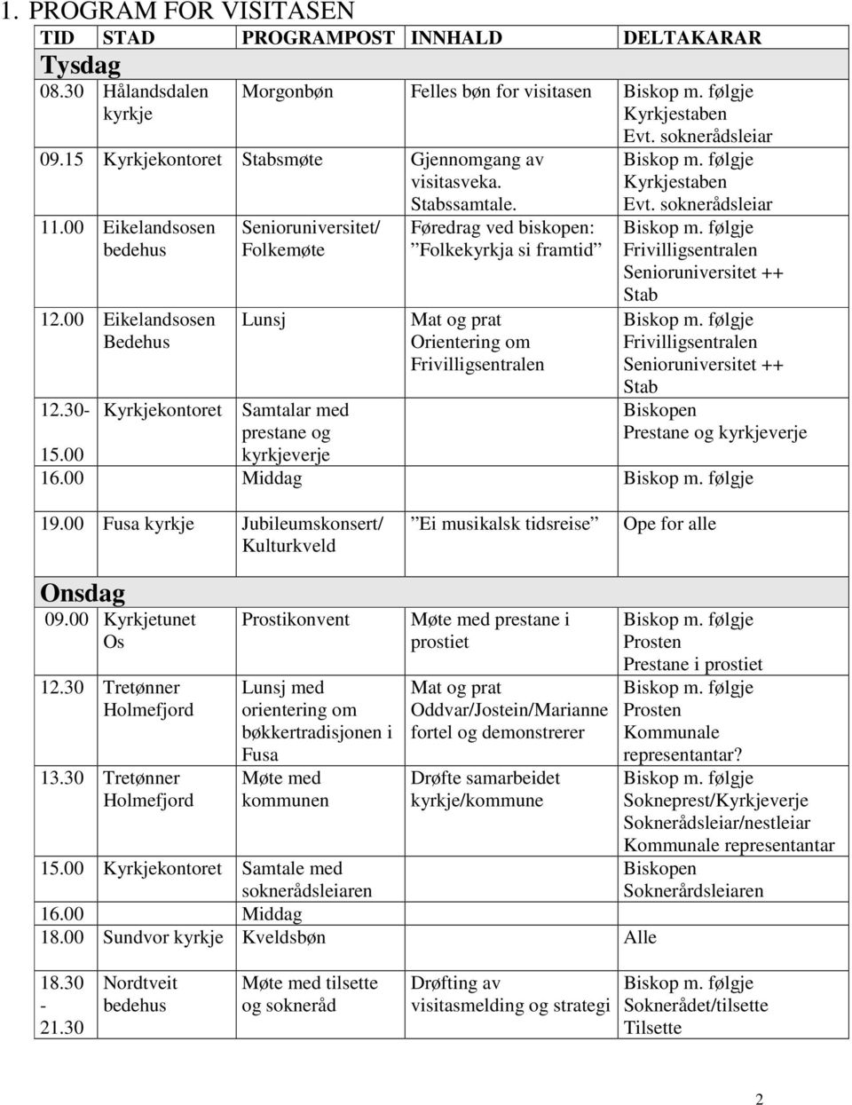 00 Eikelandsosen Bedehus Senioruniversitet/ Folkemøte Lunsj Føredrag ved biskopen: Folkekyrkja si framtid Mat og prat Orientering om Frivilligsentralen Biskop m. følgje Kyrkjestaben Evt.
