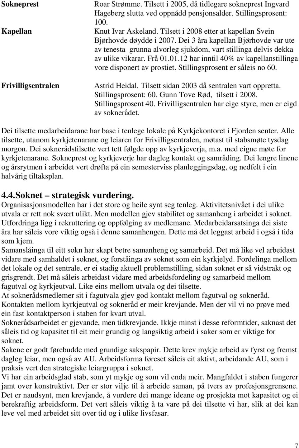 01.12 har inntil 40% av kapellanstillinga vore disponert av prostiet. Stillingsprosent er såleis no 60. Astrid Heidal. Tilsett sidan 2003 då sentralen vart oppretta. Stillingsprosent: 60.