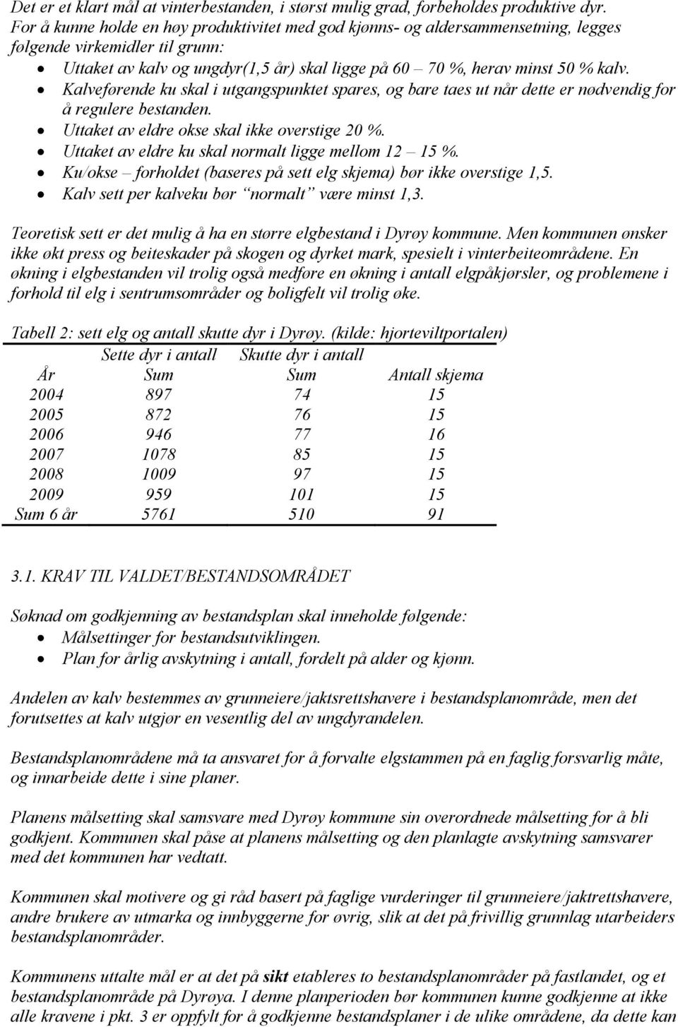 Kalveførende ku skal i utgangspunktet spares, og bare taes ut når dette er nødvendig for å regulere bestanden. Uttaket av eldre okse skal ikke overstige 20 %.