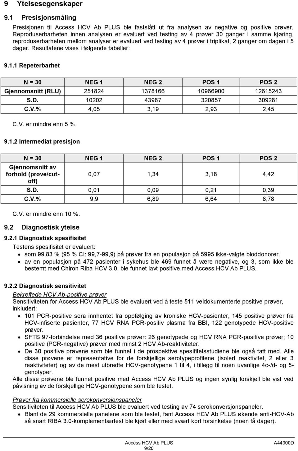 i 5 dager. Resultatene vises i følgende tabeller: 9.1.1 Repeterbarhet N = 30 NEG 1 NEG 2 POS 1 POS 2 Gjennomsnitt (RLU) 251824 1378166 10966900 12615243 S.D. 10202 43987 320857 309281 C.V.