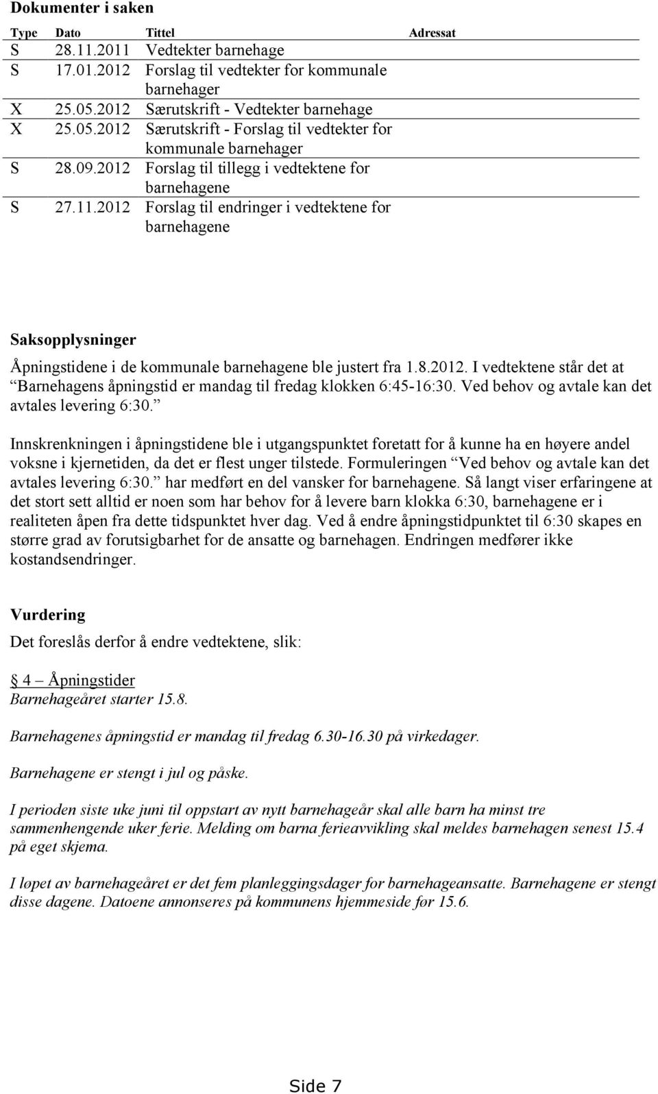 2012 Forslag til endringer i vedtektene for barnehagene Saksopplysninger Åpningstidene i de kommunale barnehagene ble justert fra 1.8.2012. I vedtektene står det at Barnehagens åpningstid er mandag til fredag klokken 6:45-16:30.