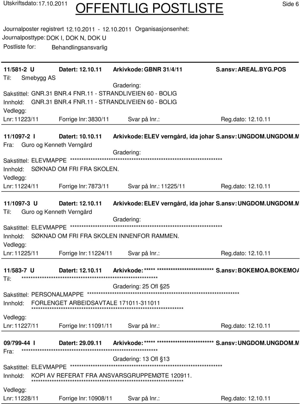 ansv: UNGDOM.UNGDOM.MAT Fra: Guro og Kenneth Verngård Sakstittel: ELEVMAPPE Innhold: SØKNAD OM FRI FRA SKOLEN. Lnr: 11224/11 Forrige lnr: 7873/11 Svar på lnr.: 11225/11 Reg.dato: 12.10.