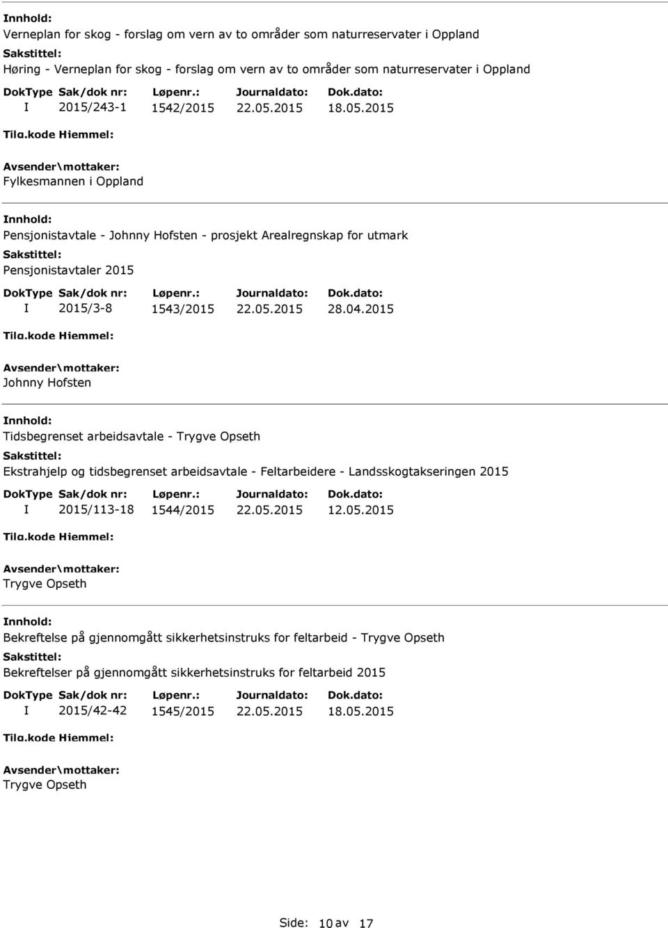 2015 Johnny Hofsten nnhold: Tidsbegrenset arbeidsavtale Trygve Opseth Ekstrahjelp og tidsbegrenset arbeidsavtale Feltarbeidere Landsskogtakseringen 2015 2015/11318 1544/2015 Trygve