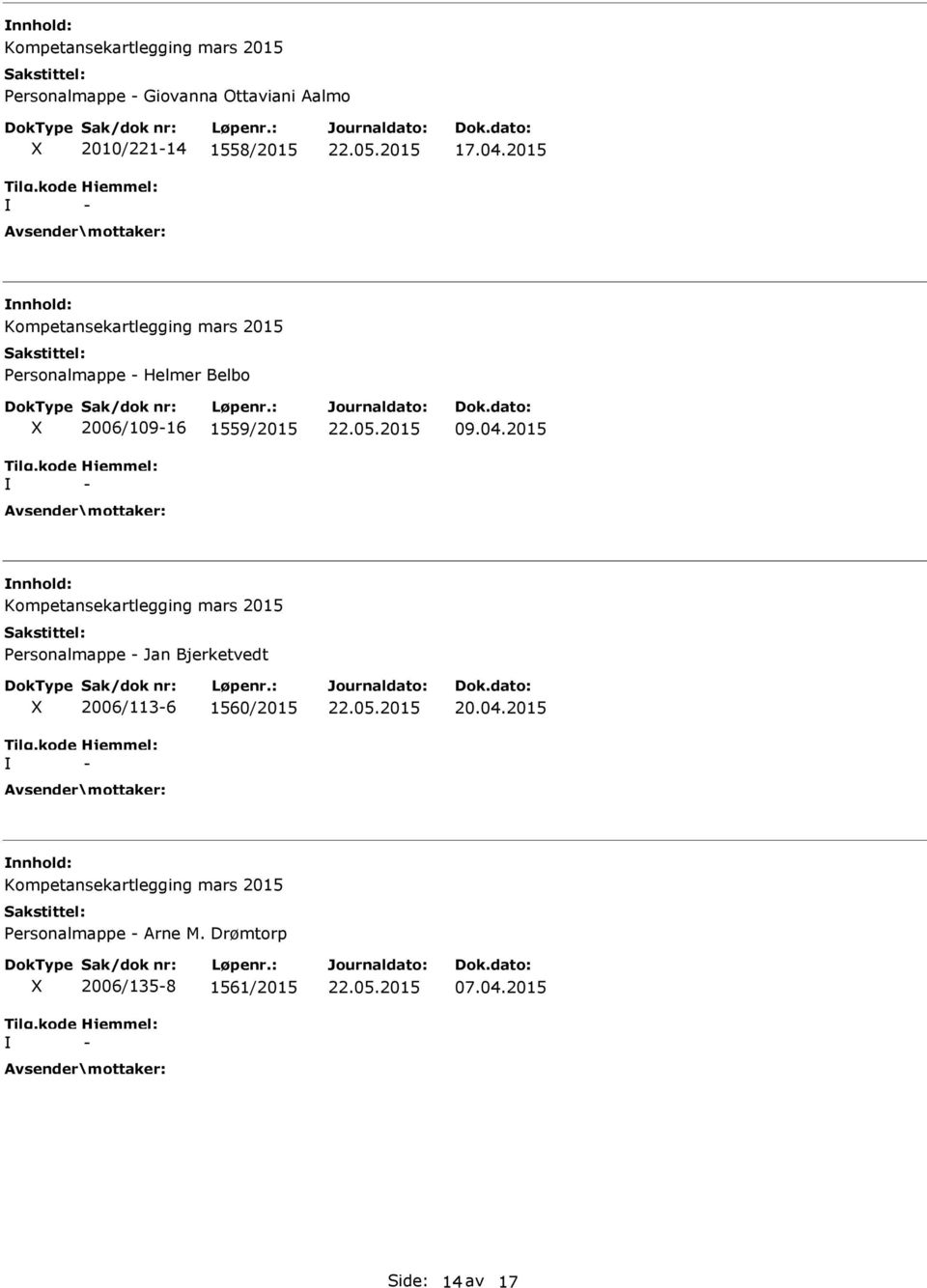 2015 nnhold: Personalmappe Jan Bjerketvedt 2006/1136 1560/2015 20.04.