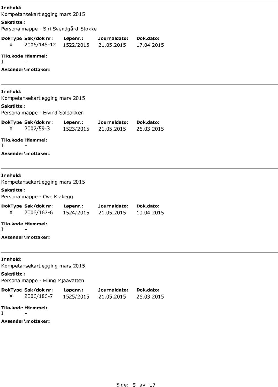 2015 nnhold: Personalmappe Ove Klakegg 2006/1676 1524/2015 10.04.